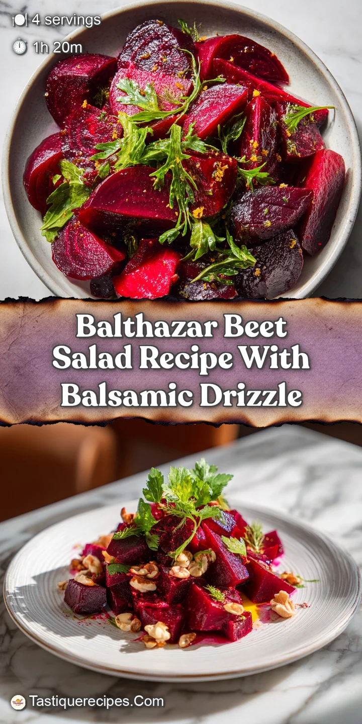 Close-up reveals the textures of earthy beets, creamy cheese, and crisp greens, all drizzled with a tangy vinaigrette, gli...