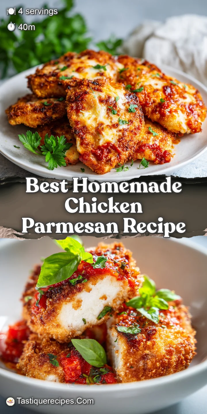Close-up of chicken parmesan; bubbly, melted cheese & rich tomato sauce coat crispy breaded chicken. Herbs add pops of fre...