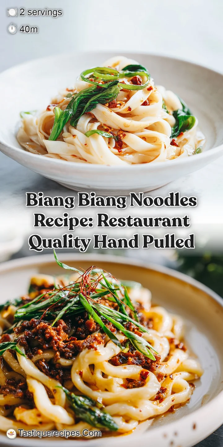 Close-up of glistening, chewy biang biang noodles coated in flavorful sauce, showcasing the texture and vibrant colors of ...