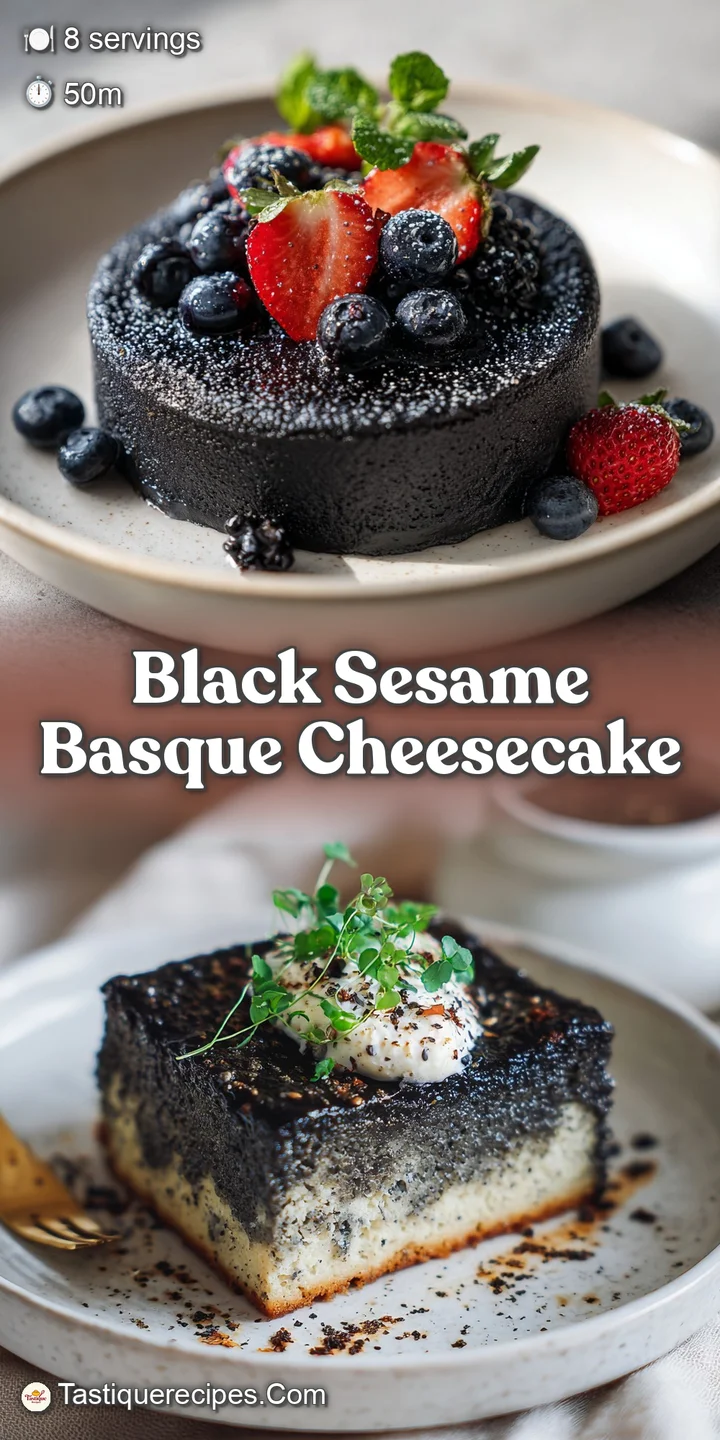 Close-up of creamy black sesame cheesecake, showing the jiggly texture and deeply caramelized, almost burnt, edges. Appeti...