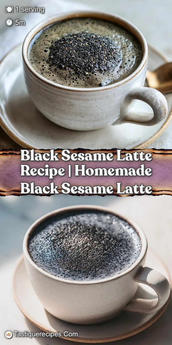 Close-up of a black sesame latte with a thick, creamy foam layer. Hints of ground black sesame and warm steam rise up.