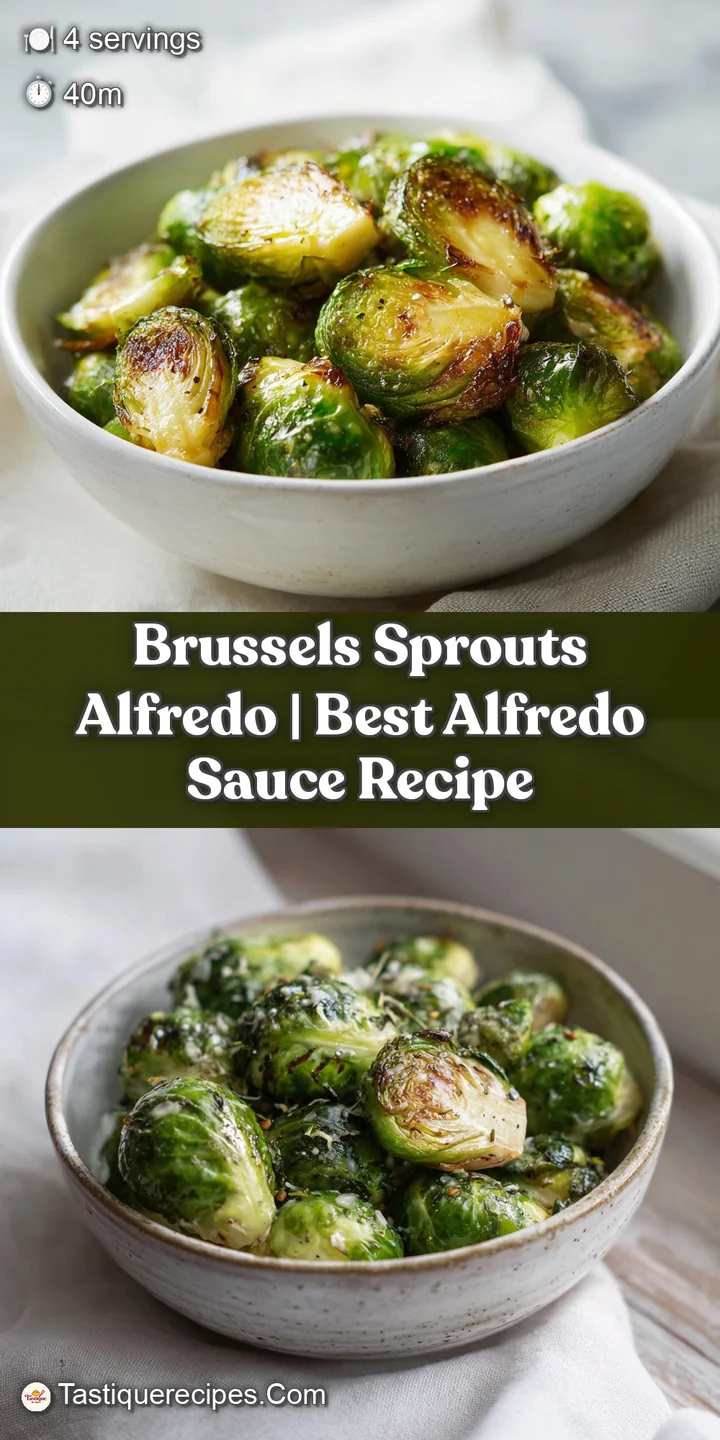 Close-up of crisp, golden-brown Brussels sprouts nestled in rich, velvety Alfredo sauce, a tempting texture.