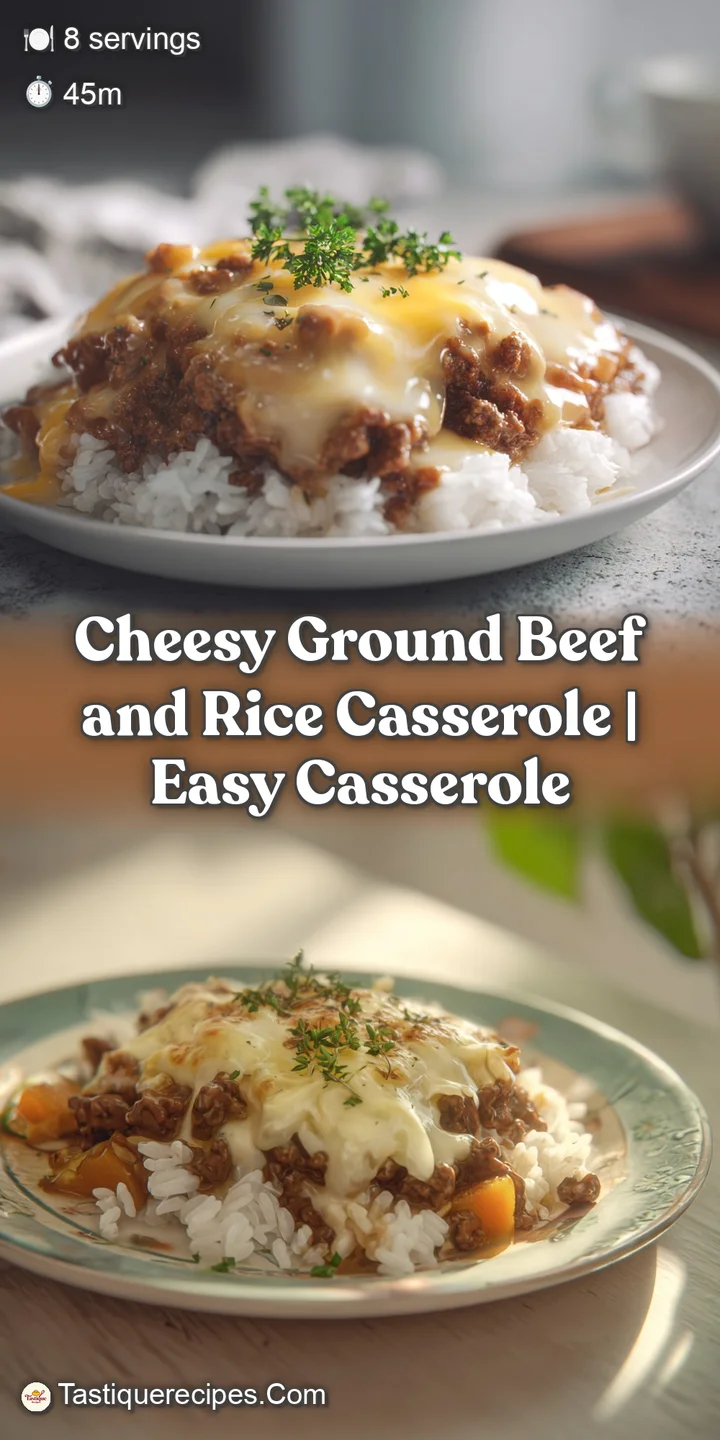 Close-up of tender browned beef and fluffy rice grains bound together by a rich, creamy sauce and melted cheese.