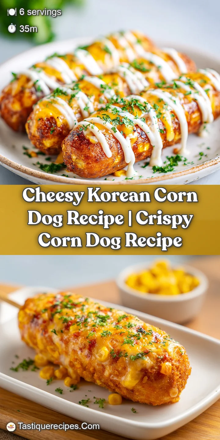 Close-up of a golden, fried Korean corn dog with bubbly melted cheese, a light dusting of sugar and savory herbs.