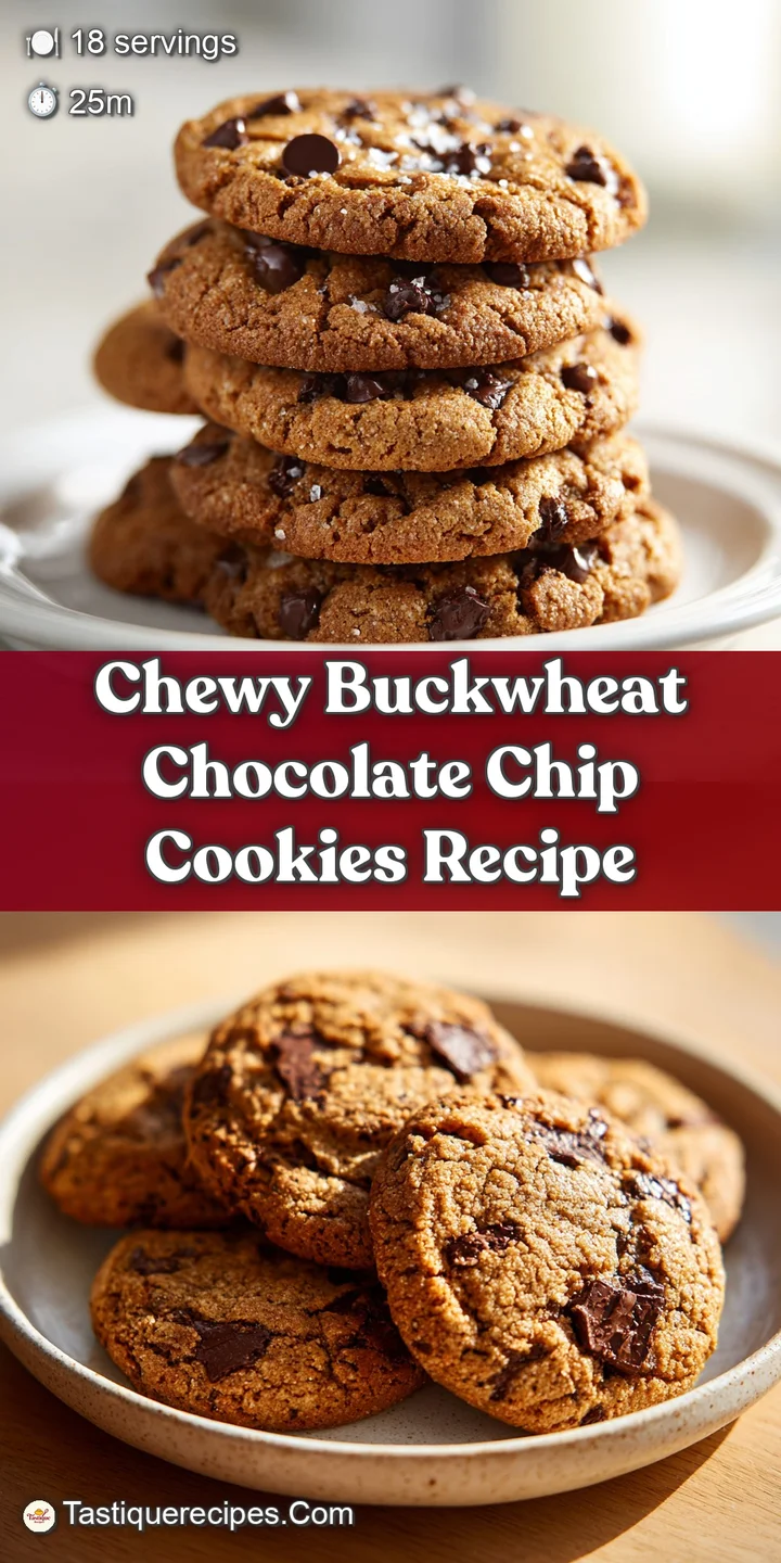 Close-up of a buckwheat chocolate chip cookie, slightly soft center, visible flecks of buckwheat flour, and melting chocol...