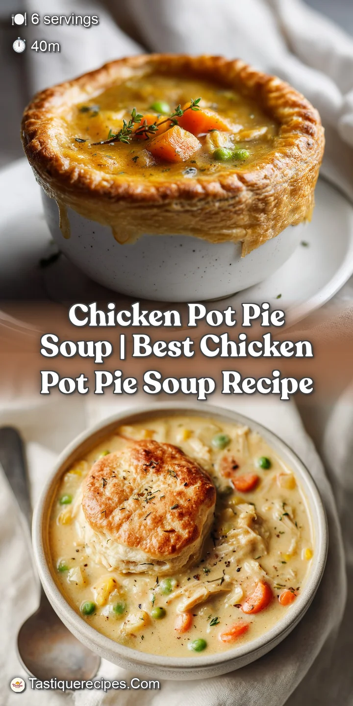 Close-up of thick, velvety chicken pot pie soup with visible chunks of chicken and vegetables.