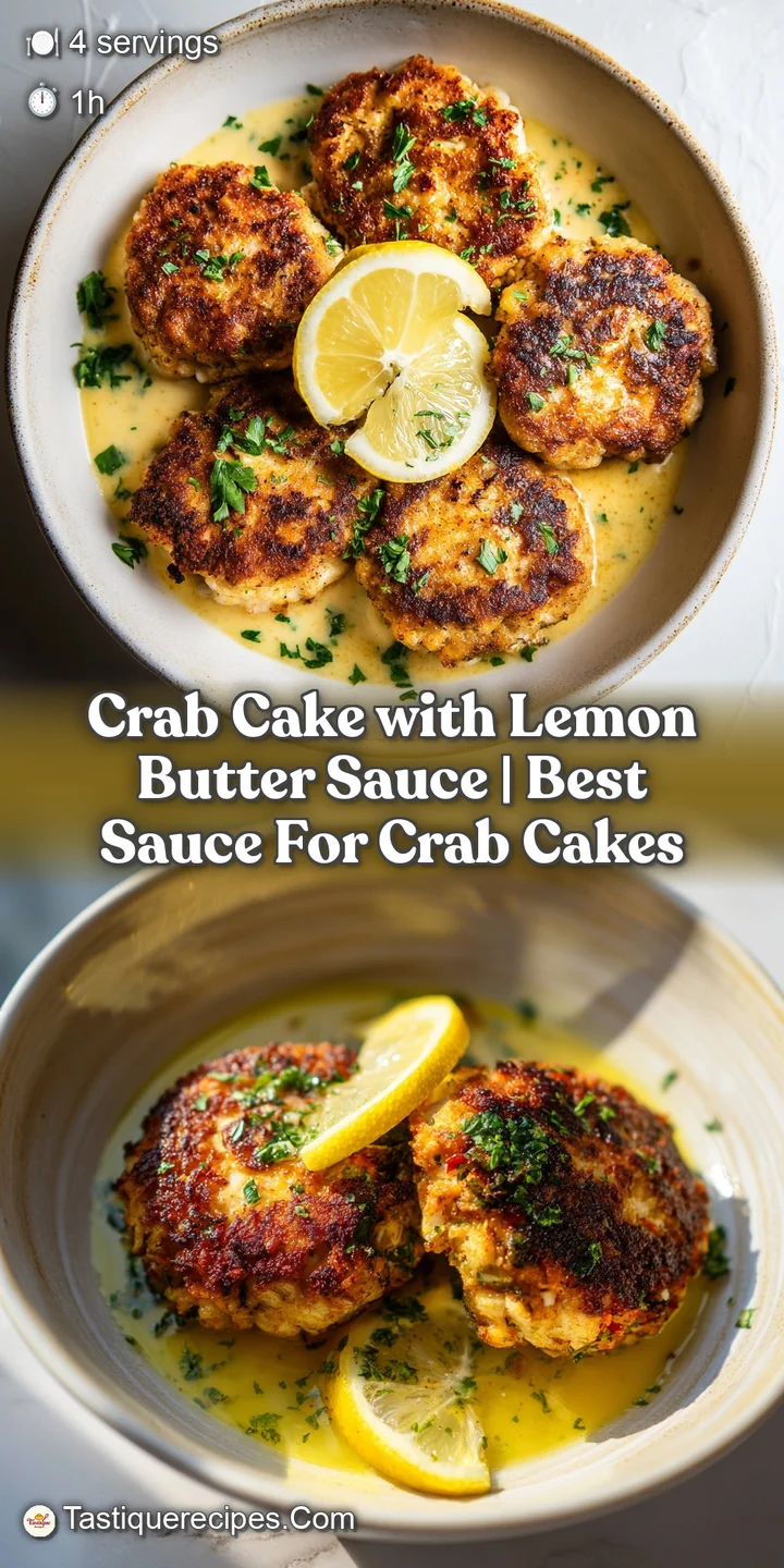 Close-up of a flaky crab cake with a crisp golden crust, bathed in a rich lemon sauce.