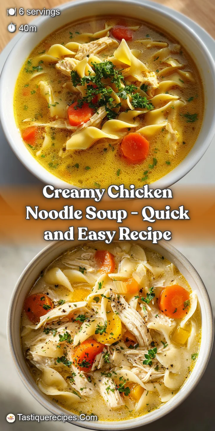 Close-up of a hearty chicken noodle soup, showcasing tender shredded chicken, vibrant vegetables, and plump noodles.