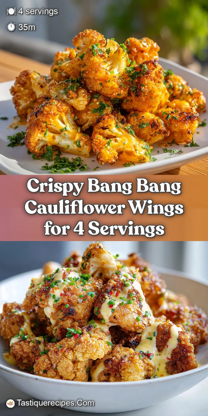 Close-up shot of spicy bang bang cauliflower: crispy, tender florets drenched in a rich, reddish-orange sauce with sesame ...