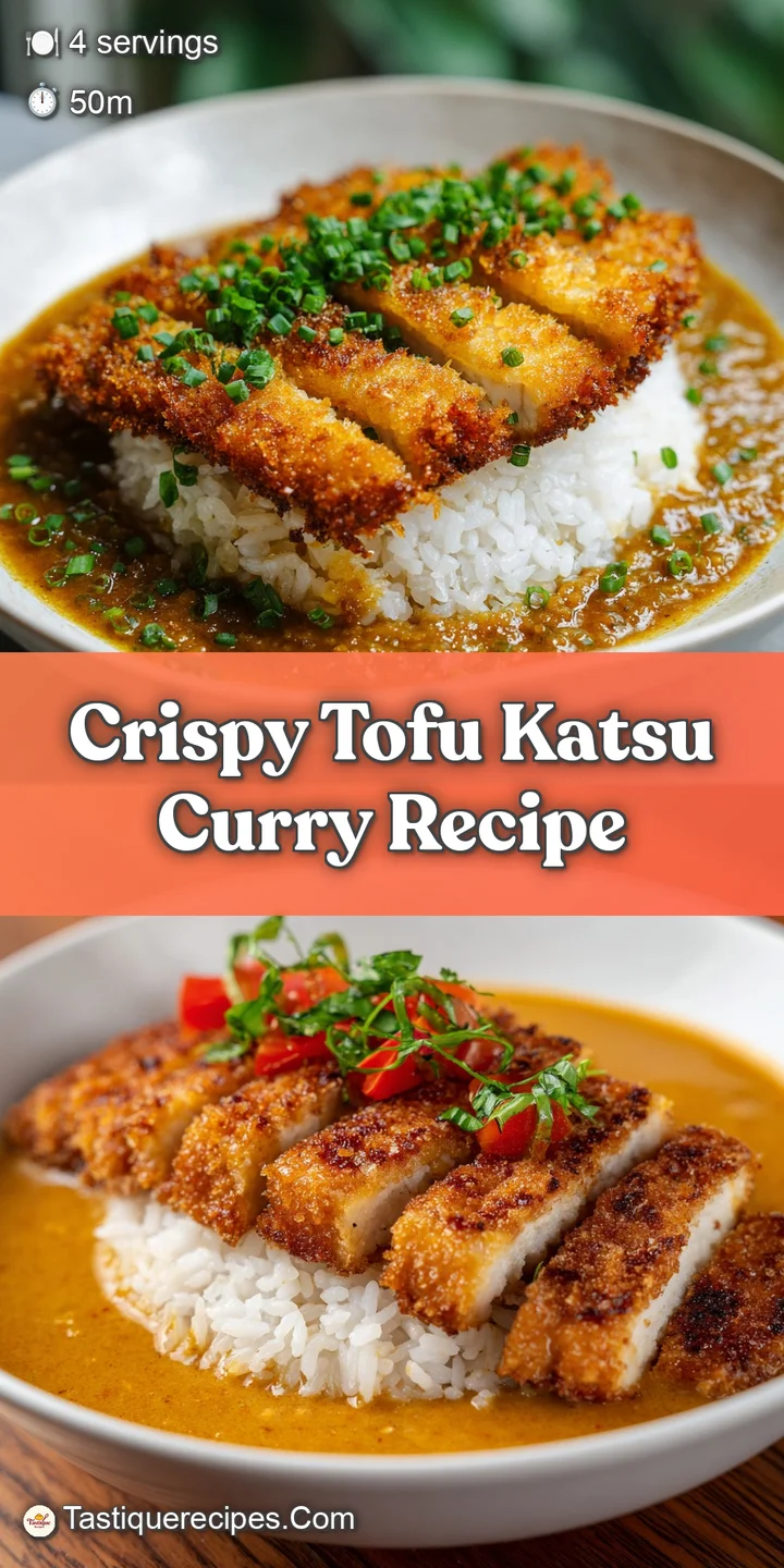 Close-up captures the flaky, crunchy texture of tofu katsu, glistening with savory curry sauce. Hints of steam add warmth.