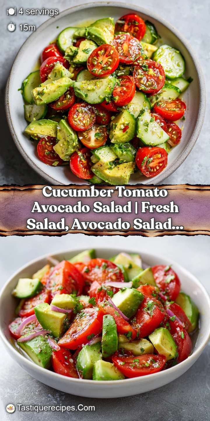 Close-up of refreshing cucumber, ripe tomato, and creamy avocado salad with fresh herbs sprinkled.