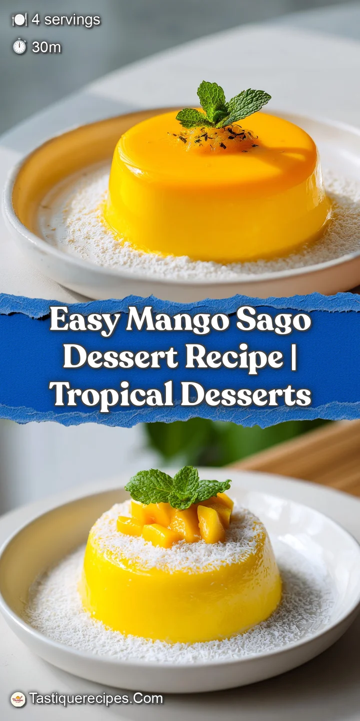 Close-up of chilled mango sago dessert highlighting the glistening tapioca, sweet mango pieces, and rich, swirling coconut...