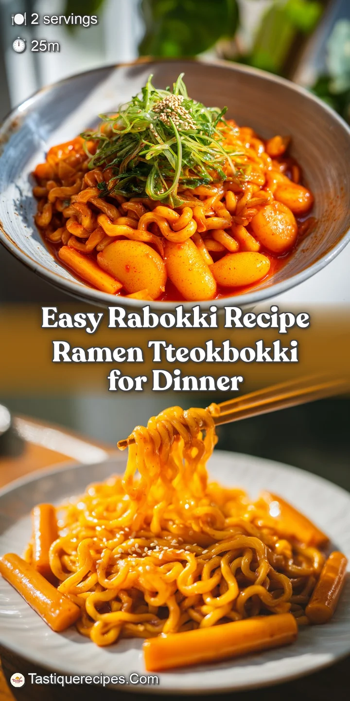 Close-up captures the glossy, textured surface of spicy rabokki: noodles and rice cakes glistening, promising a flavorful ...