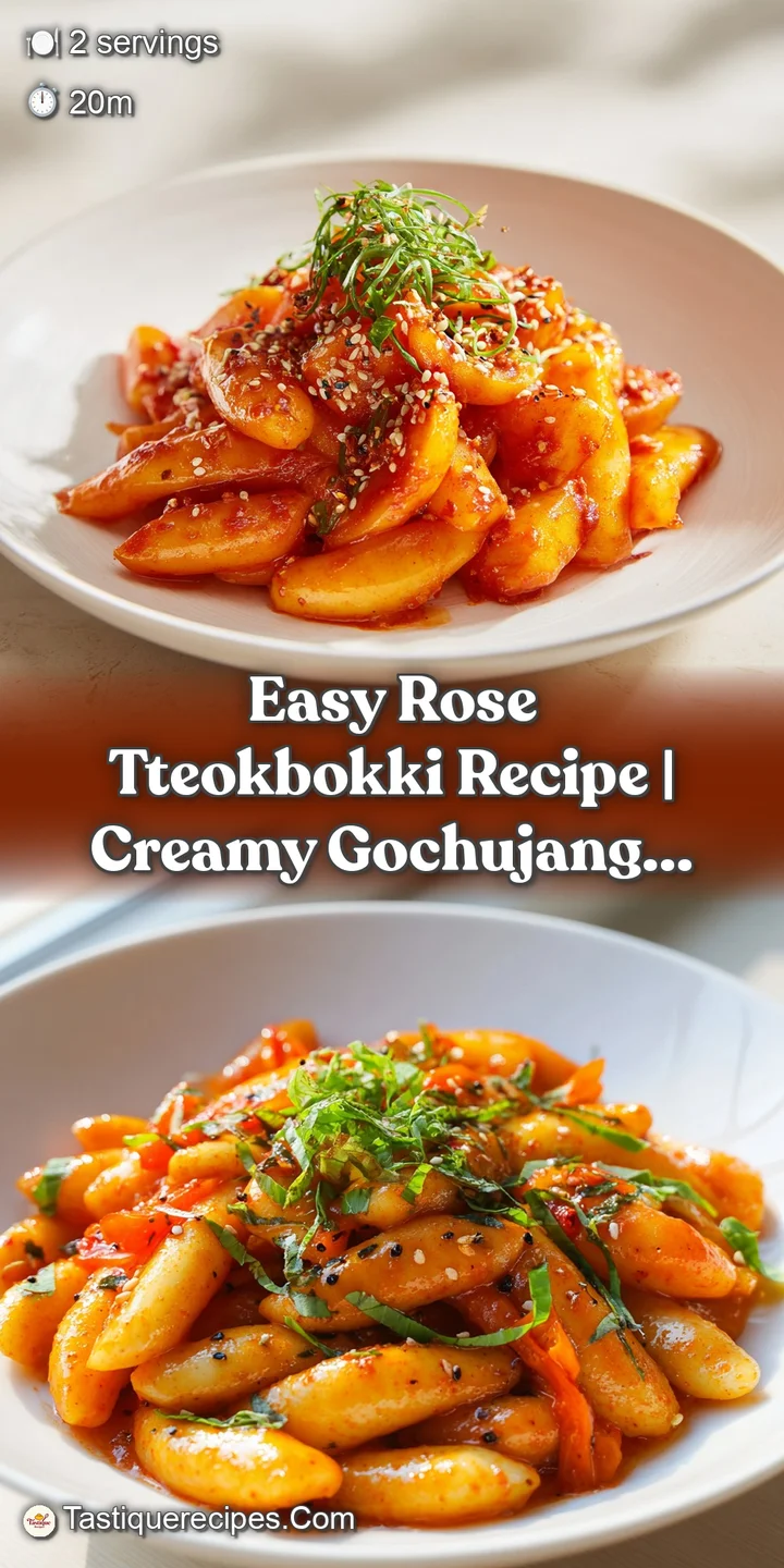 Close-up of glistening rose tteokbokki, the rich sauce clinging to the plump rice cakes with specks of chili flakes visible.