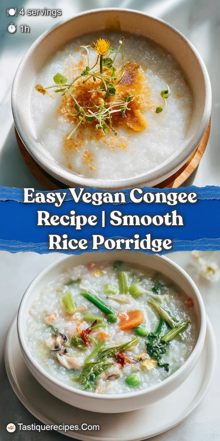 Close-up of comforting vegan congee, showcasing the creamy texture, chopped scallions, and rich, umami-packed mushroom top...