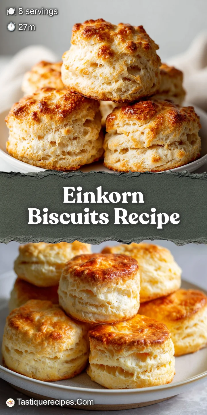 Buttery, flaky layers of a fresh einkorn biscuit, close-up shot emphasizing the warm, inviting texture and golden color.