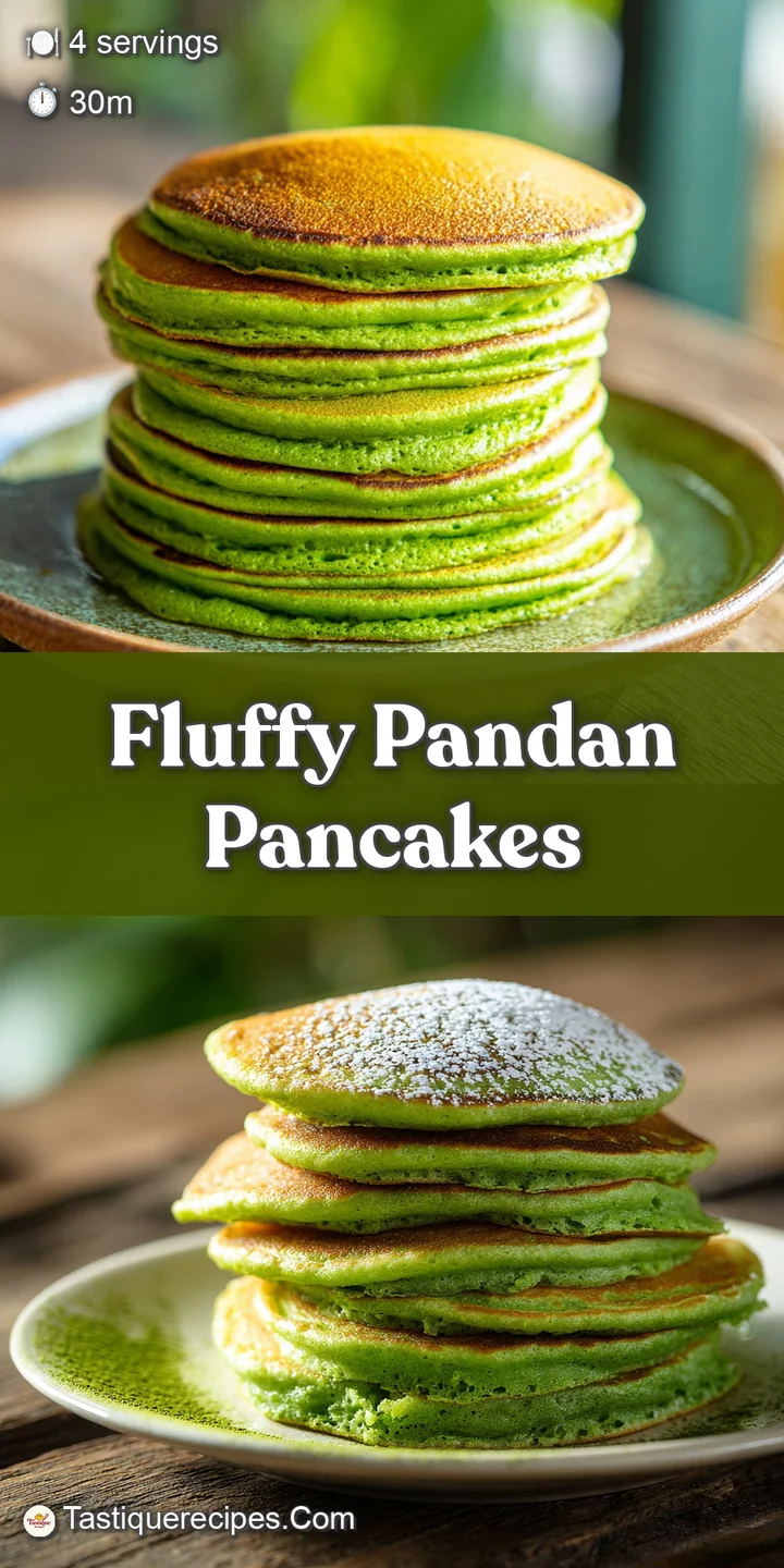 Close-up of a fluffy pandan pancake with a light, airy texture and a vibrant green hue, glistening with a light syrup driz...