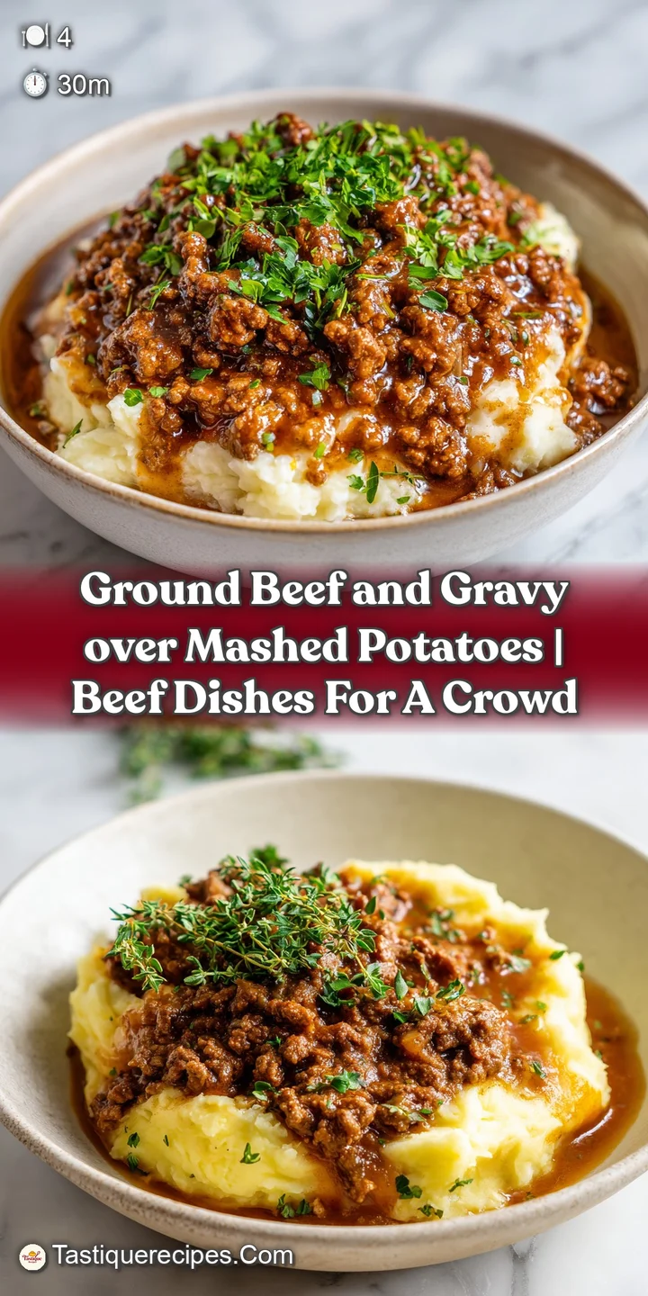 Close-up of glistening, savory ground beef gravy with visible herbs spooned over smooth, pale mashed potatoes.