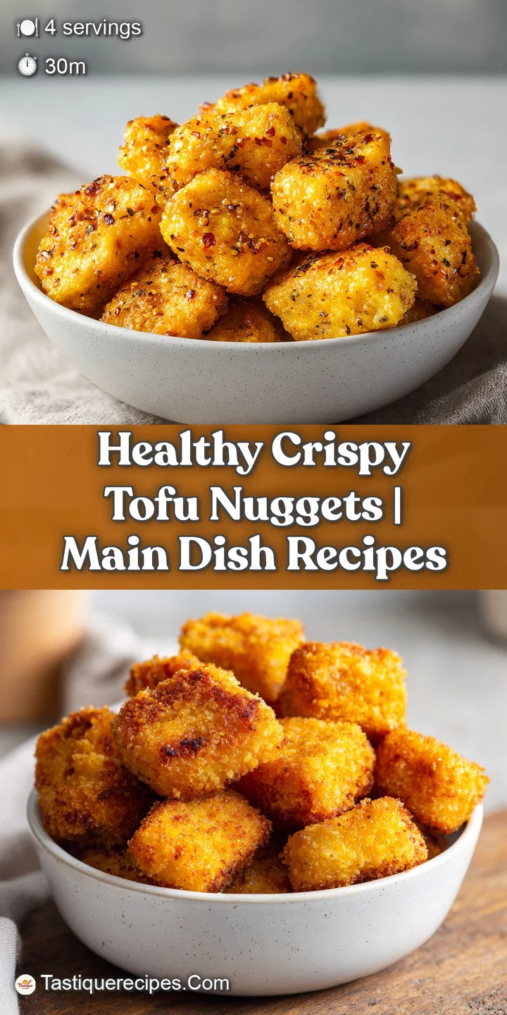 Close-up shot of crispy tofu nugget, showcasing the golden, uneven texture. Hints of steam suggest it's freshly made.