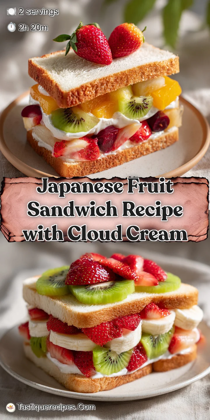 Close-up view of a Japanese fruit sandwich. Juicy strawberries and kiwi peek out from the creamy, soft bread, a delectable...