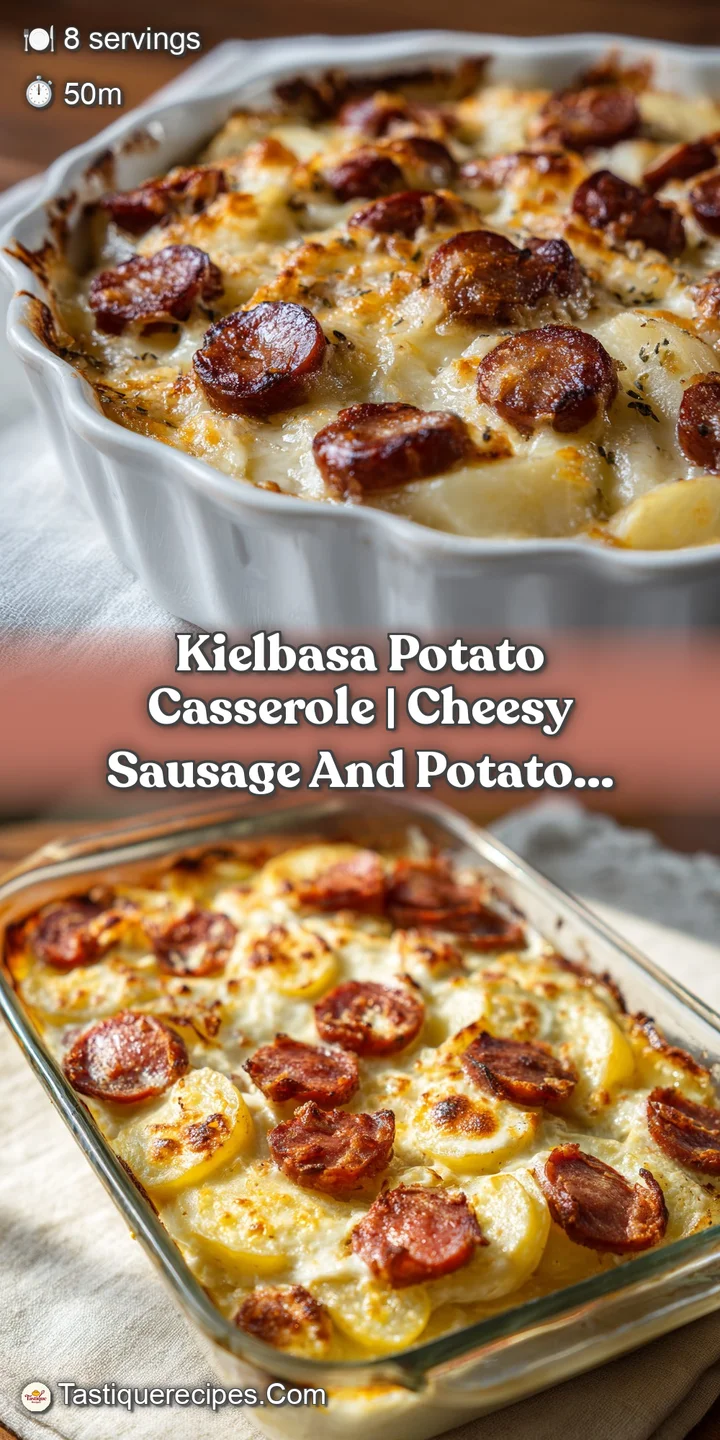 Macro shot of melted golden cheese stretching over creamy potato slices and juicy, seared pieces of smoked sausage.