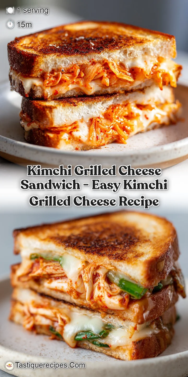 Close-up of a kimchi grilled cheese reveals tangy red kimchi nestled between layers of gooey, melted cheddar cheese.