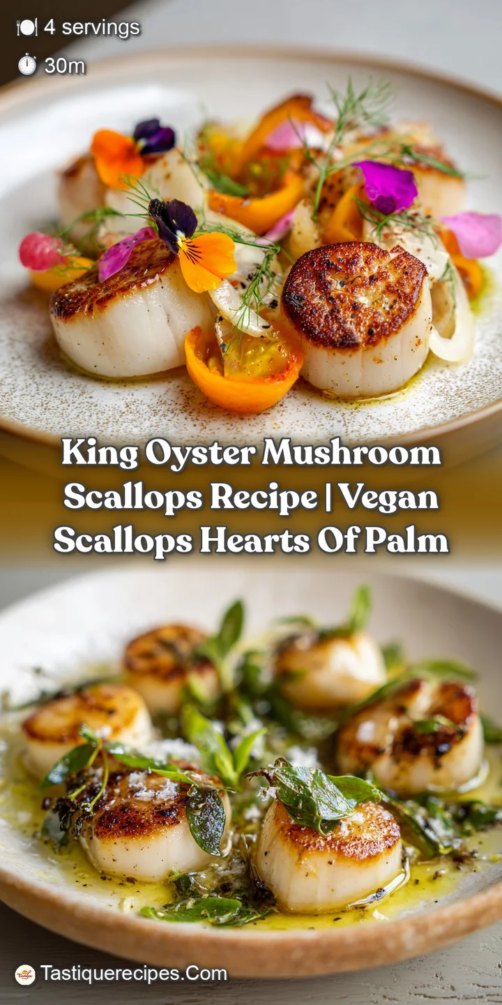 A close-up unveils the succulent texture of golden-brown mushroom scallops, glistening with savory sauce and dotted with f...