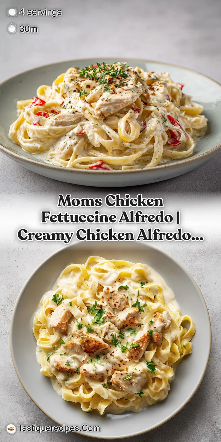 Close-up of rich, velvety Alfredo sauce coating perfectly cooked fettuccine, with juicy chicken slices.