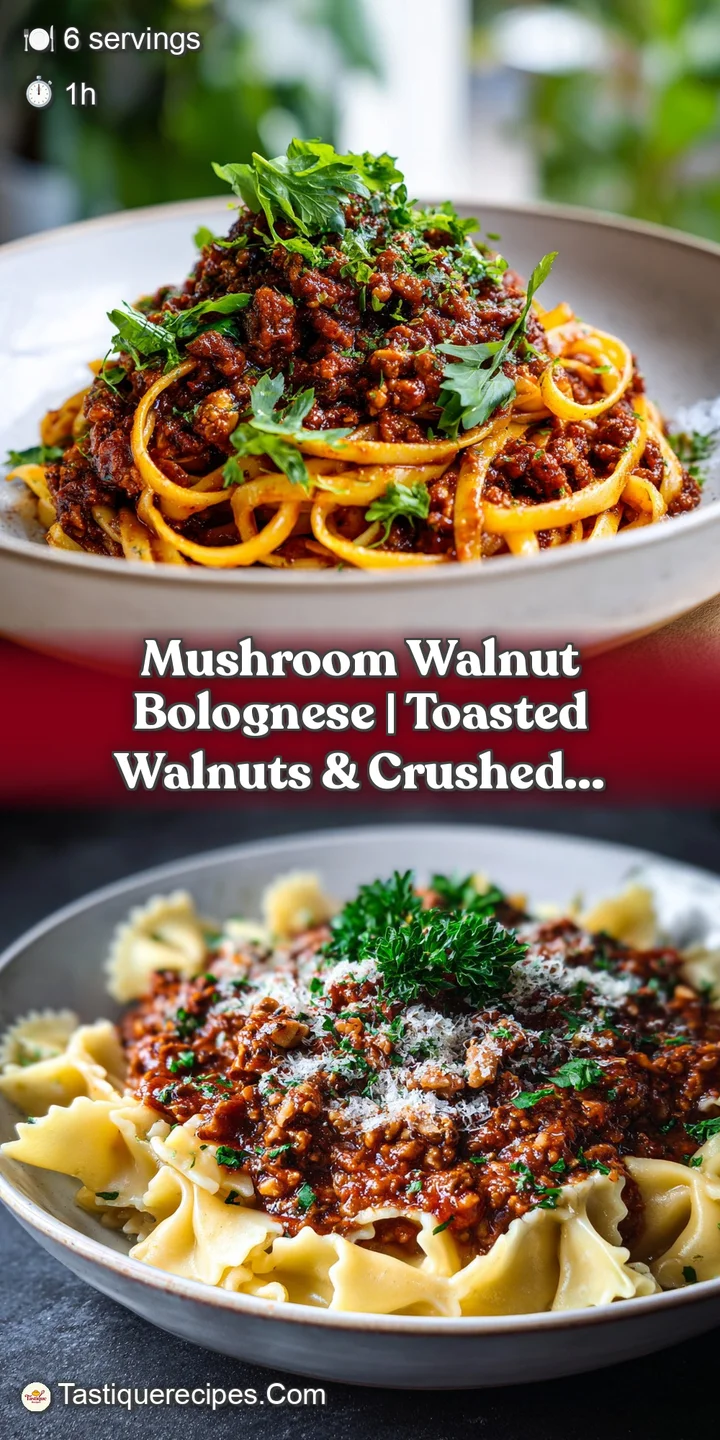 Close-up of earthy mushroom and walnut bolognese, steam rising, highlighting the sauce's glossy sheen and rustic texture.