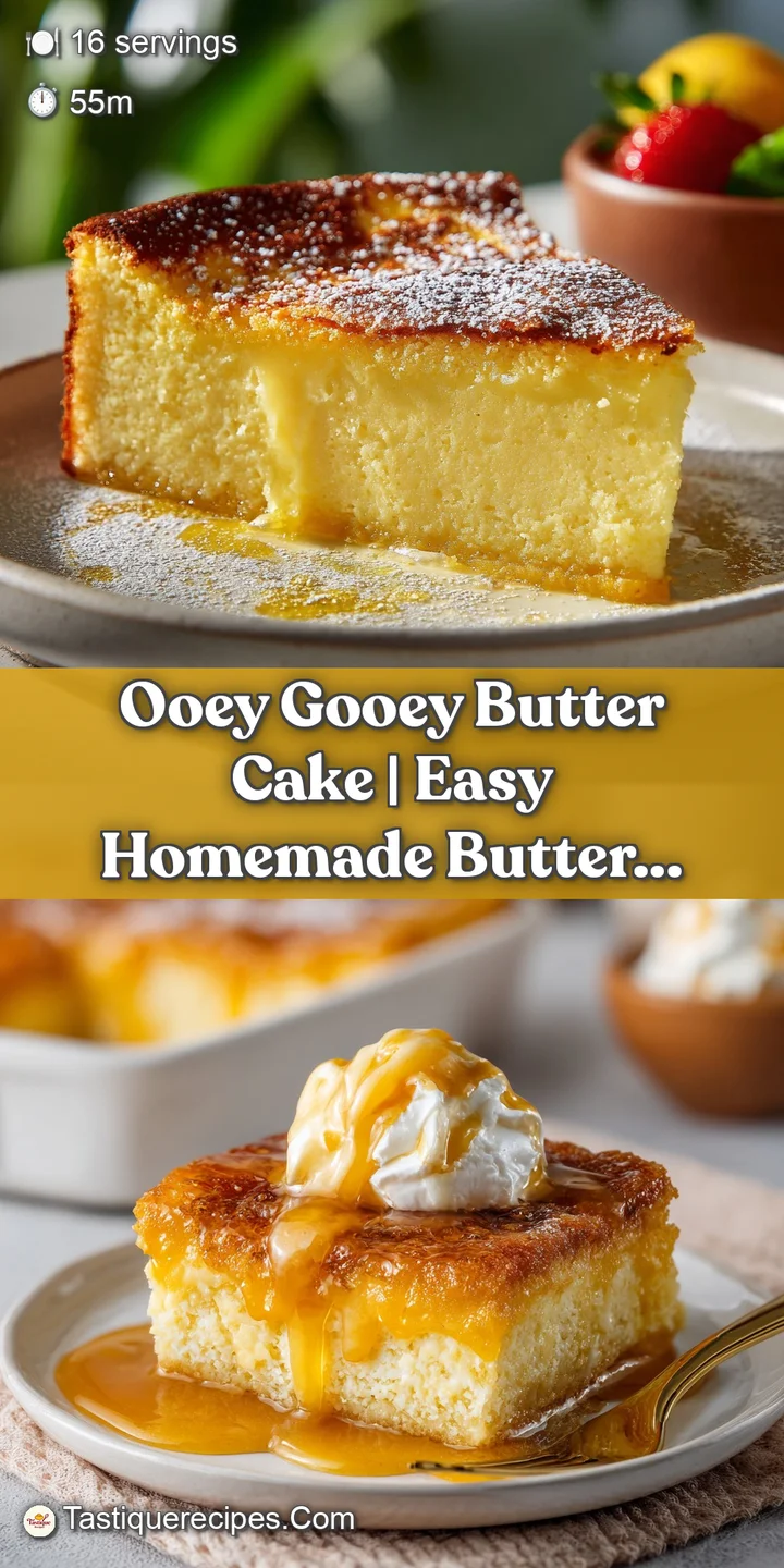 Meltingly tender, pale yellow butter cake with a slightly glossy, baked crust, showcasing its ooey gooey texture.