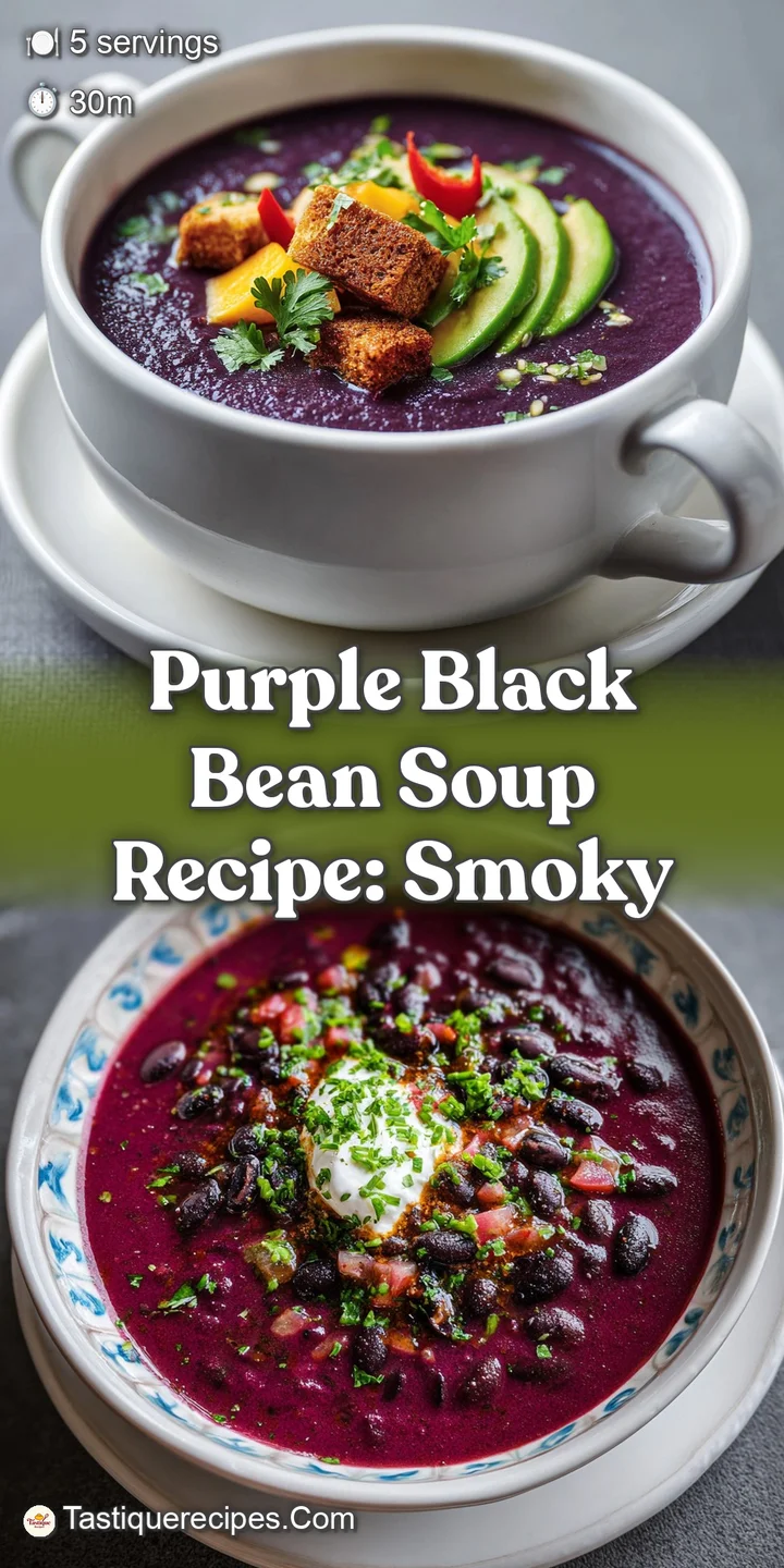 Close-up of rich, dark purple black bean soup, the surface gleaming with a sheen of olive oil and flecks of colorful seaso...