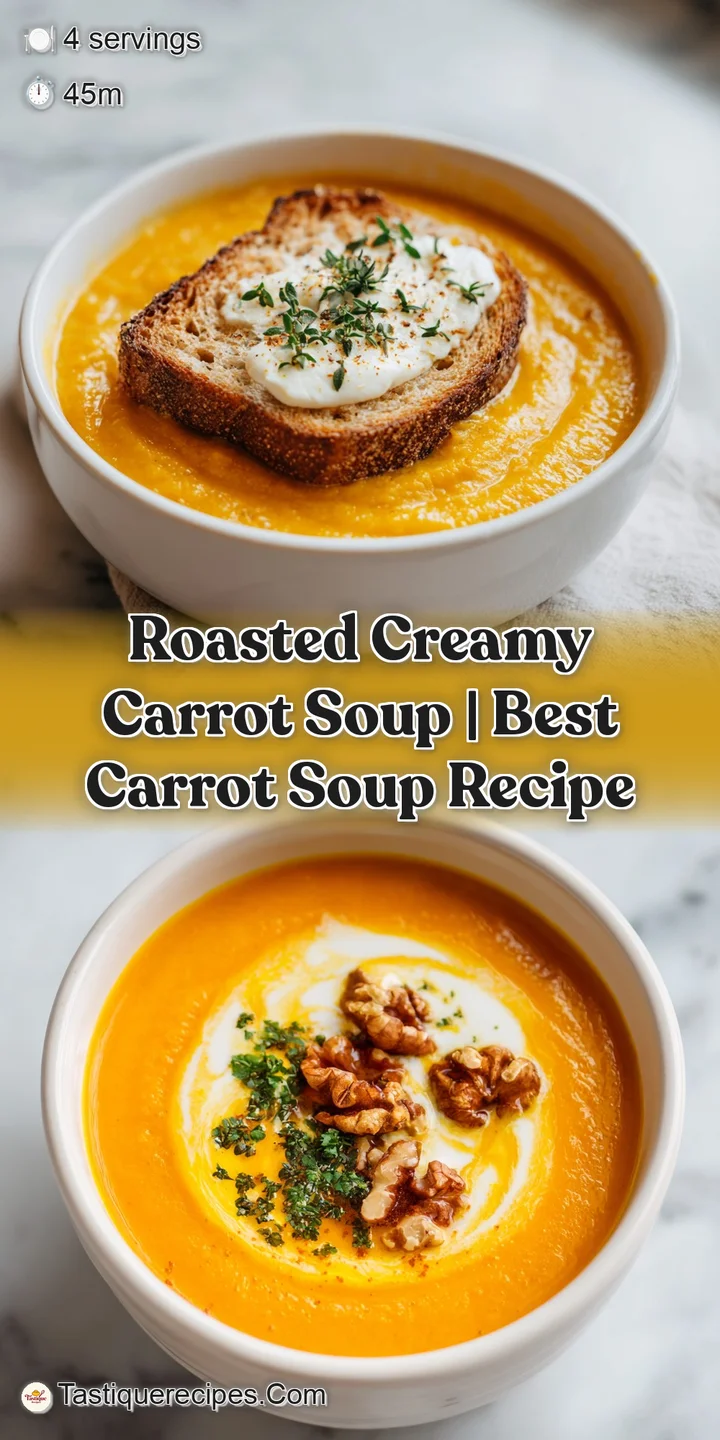 Close-up of creamy, vibrant orange carrot soup with a glossy sheen, hinting at a rich, smooth texture.
