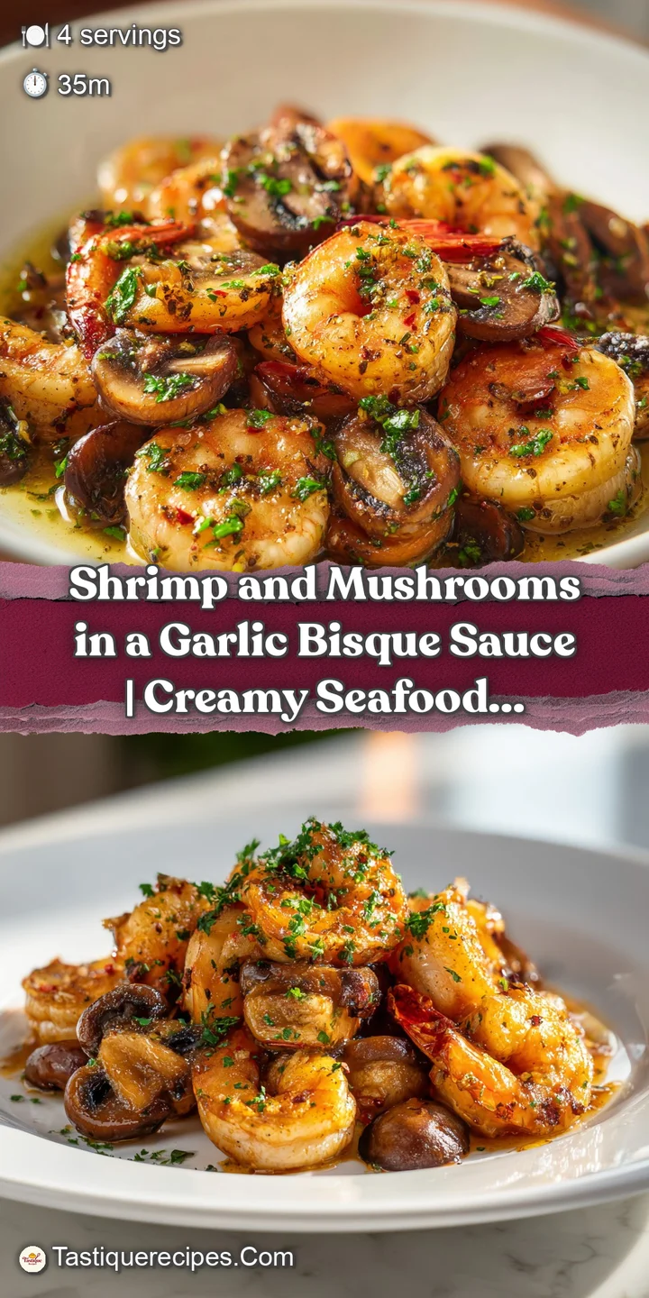 Close-up of plump, glistening shrimp and sliced mushrooms bathed in a lusciously creamy, golden bisque.