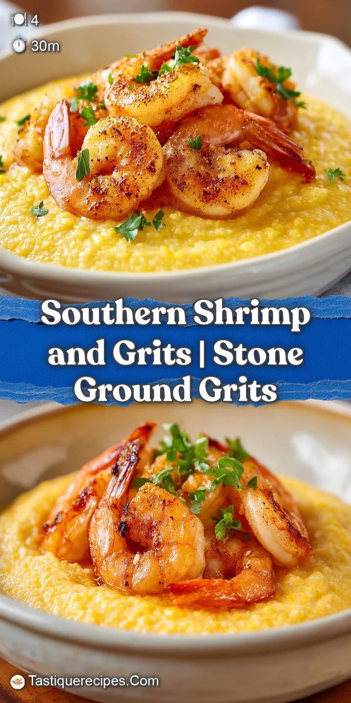 Macro shot of succulent seared shrimp resting on a bed of creamy grits with a rich, glistening savory butter sauce.