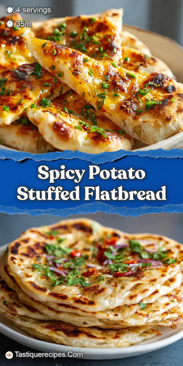 Close-up of a spicy potato-filled flatbread reveals a flaky crust and a glimpse of the vibrant, flavorful filling with chi...