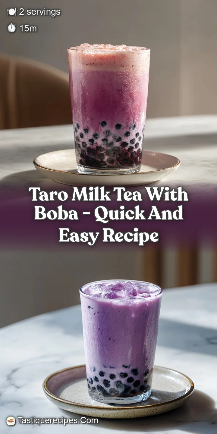 Close-up of taro milk tea with boba; creamy texture, subtle purplish tint, and glistening tapioca for a refreshing, sweet ...