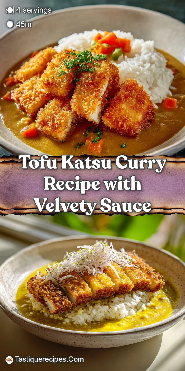 Close-up of crispy, golden tofu katsu glistening with savory curry sauce. Steam rises, promising a warm and flavorful bite.