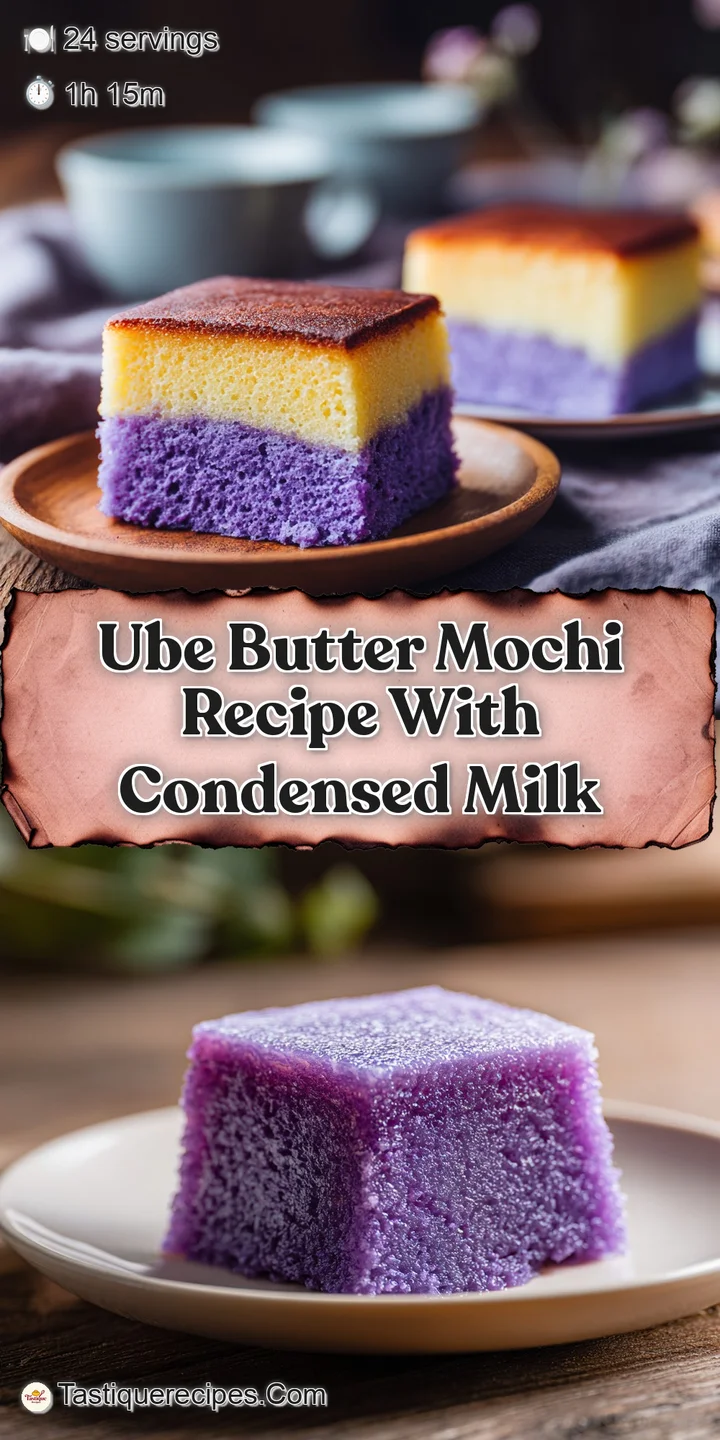 Close up of a golden brown baked ube mochi showcases a crisp crust and a soft, chewy center. The perfect balance of sweet ...