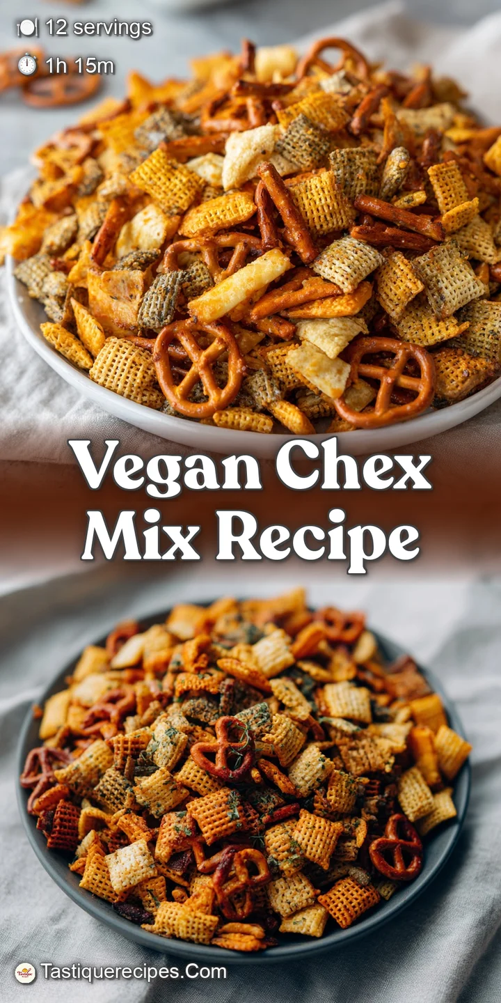 Close-up of glazed vegan Chex mix showing individual pieces of cereal, nuts and pretzels, glistening with savory spices.