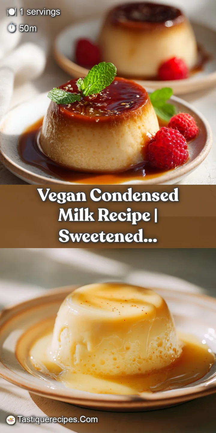 Close-up of thick, glossy vegan condensed milk being poured, showcasing its rich, smooth texture and pristine white color....