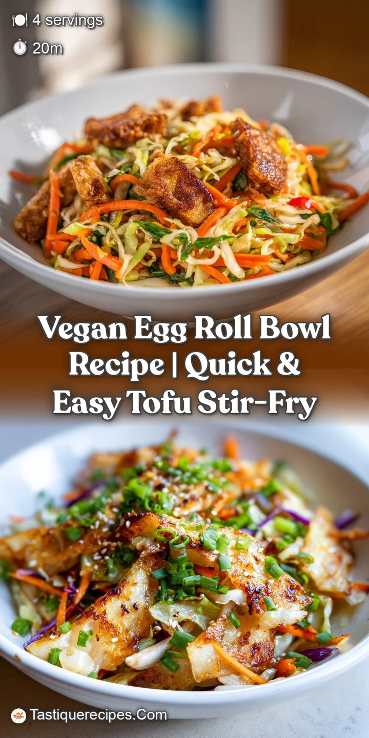 Close-up capturing the glazed tofu, colorful shredded cabbage, and crunchy toppings of a tempting vegan egg roll bowl.