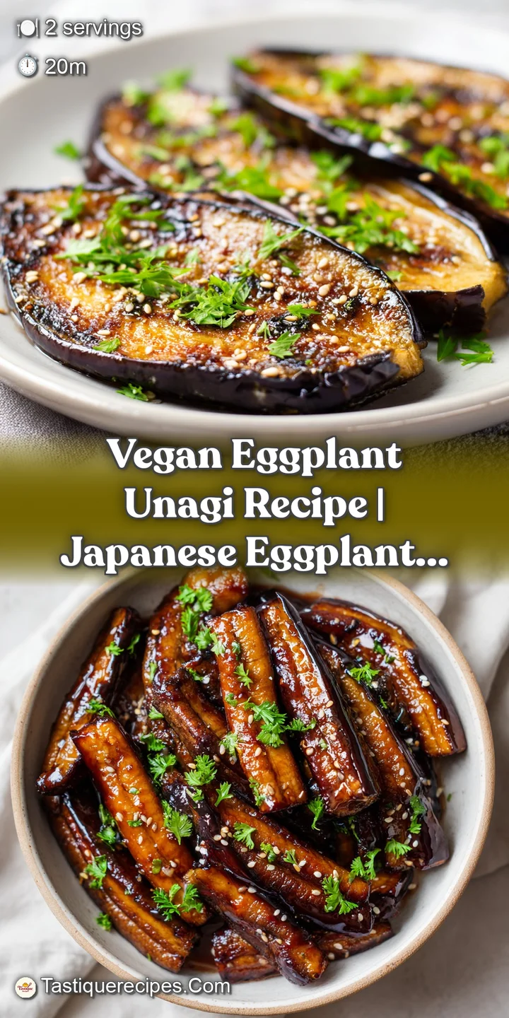 Close-up of savory eggplant unagi; the rich, dark glaze catches the light, showing a delicious depth of color and texture.
