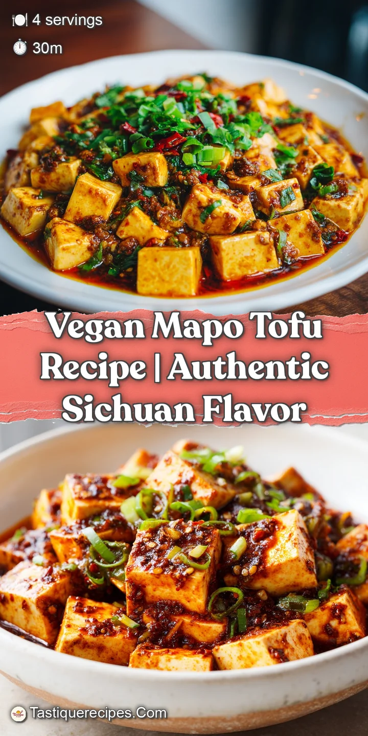 Close-up: silken tofu cubes shimmer in a rich, reddish-brown sauce with hints of spice, topped with aromatic green onions.
