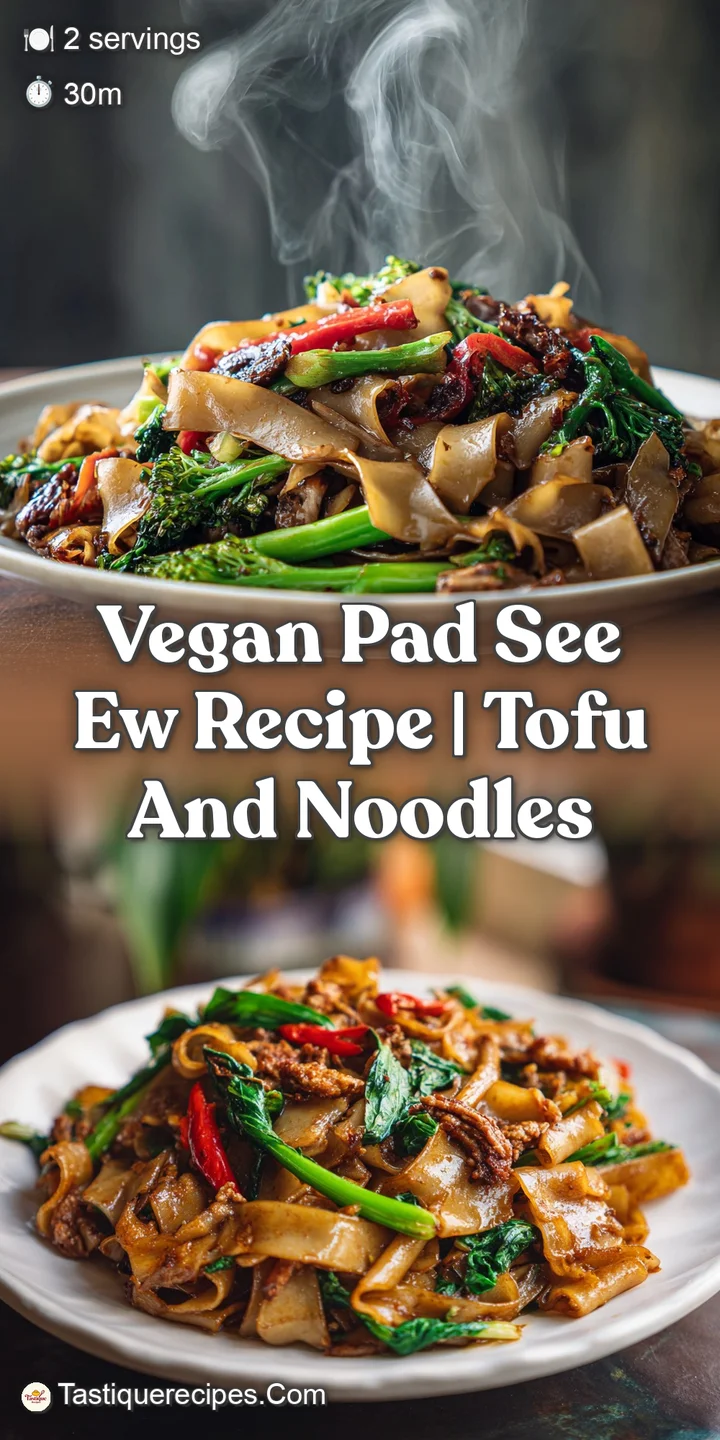 Close-up of savory vegan Pad See Ew. Chewy noodles, crisp broccoli, and golden tofu coated in a rich, dark sauce.