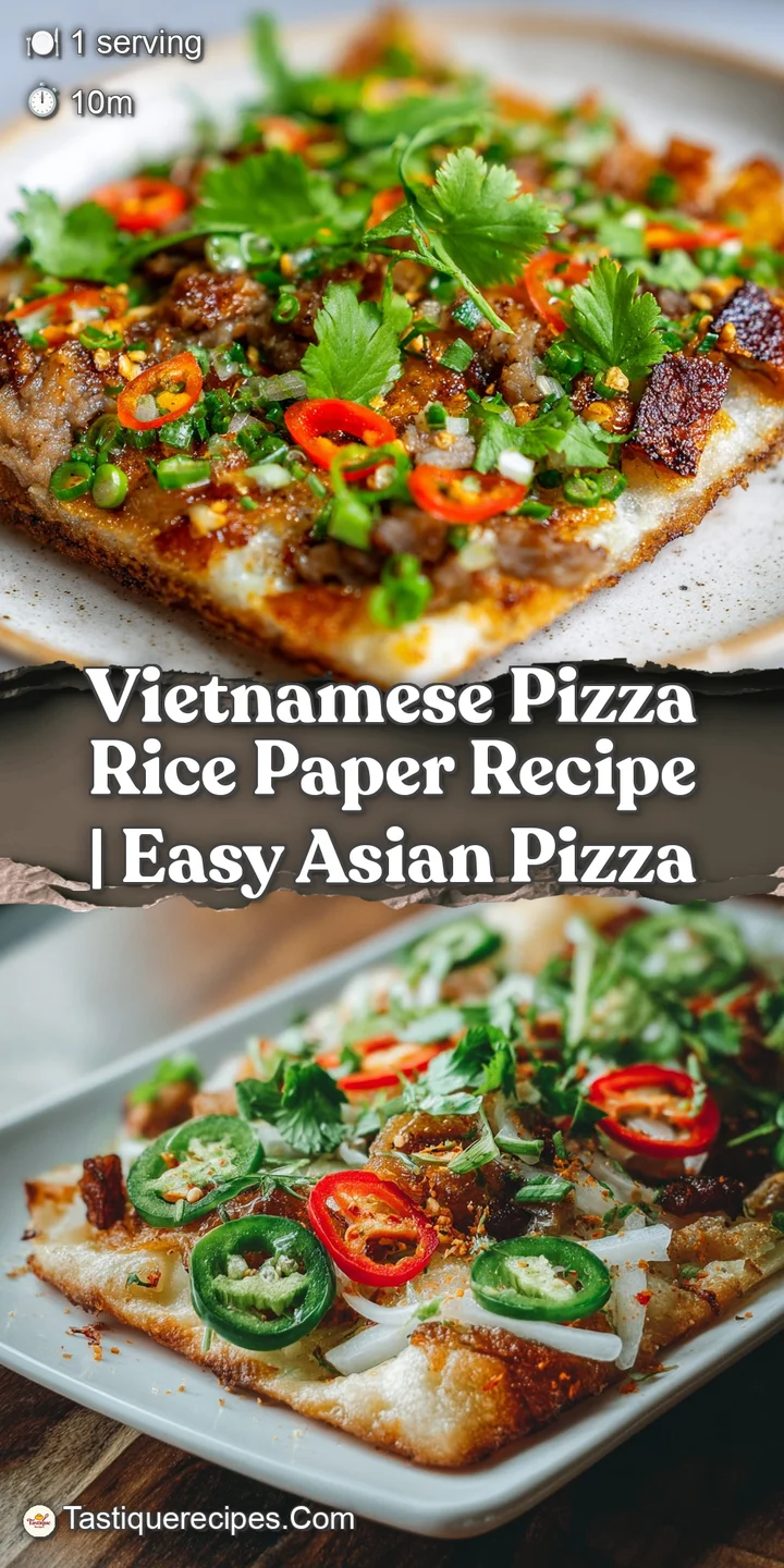 Close-up of a Vietnamese pizza showcasing the delicate, crispy rice paper topped with egg, meat, and a colorful array of t...