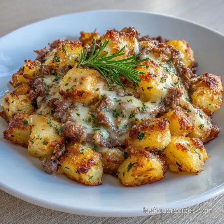 A portion of savory beef topped with bubbling melted cheese served on a white ceramic plate with fresh parsley