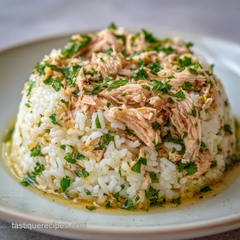 A scoop of creamy chicken and rice topped with melted gold cheese on a white plate with a sprig of fresh parsley.