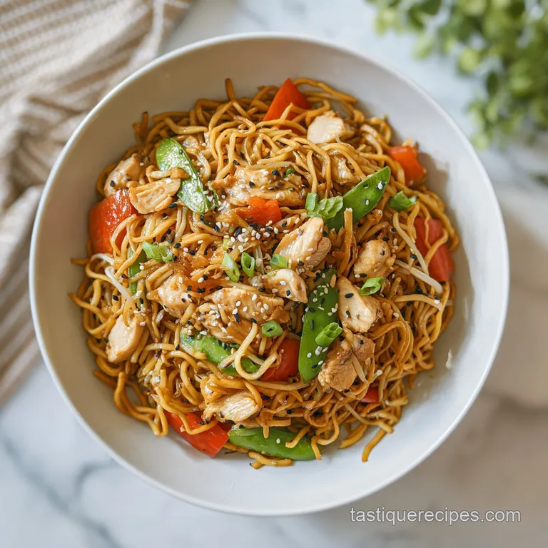A colorful mound of chicken chow mein, artfully arranged with crisp stir-fried vegetables.