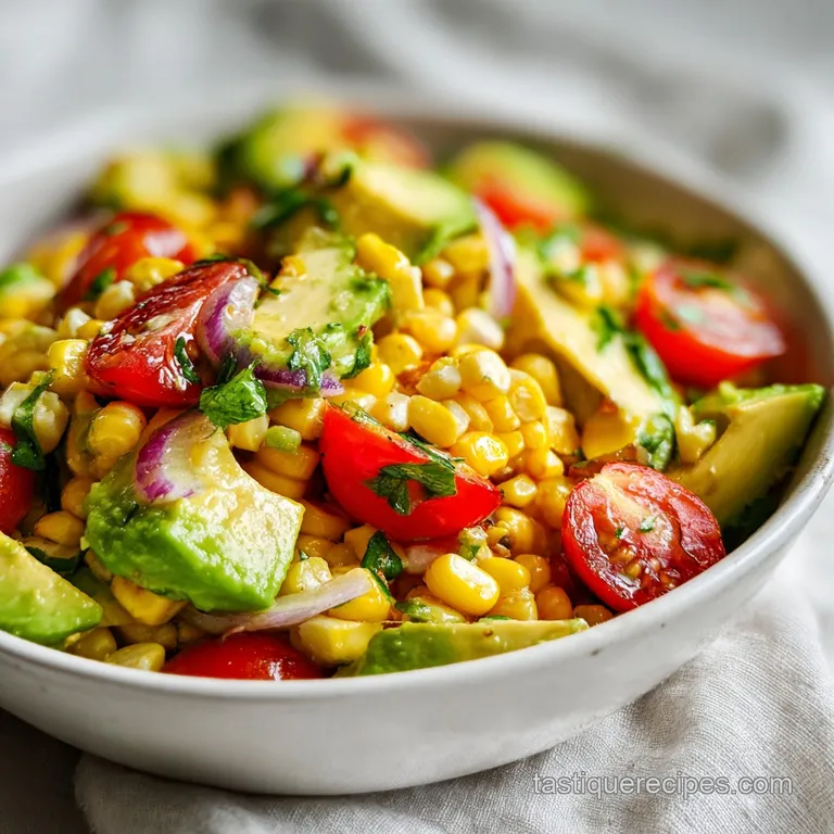 A refreshing avocado corn salad artfully arranged in a white bowl, garnished with a lime wedge