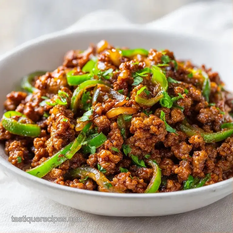 Savory browned beef and vibrant garden vegetables elegantly scooped onto a white plate with a fresh parsley garnish.